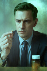 Man examining a pill while considering its cognitive effects, photographed in a realistic clinical setting.