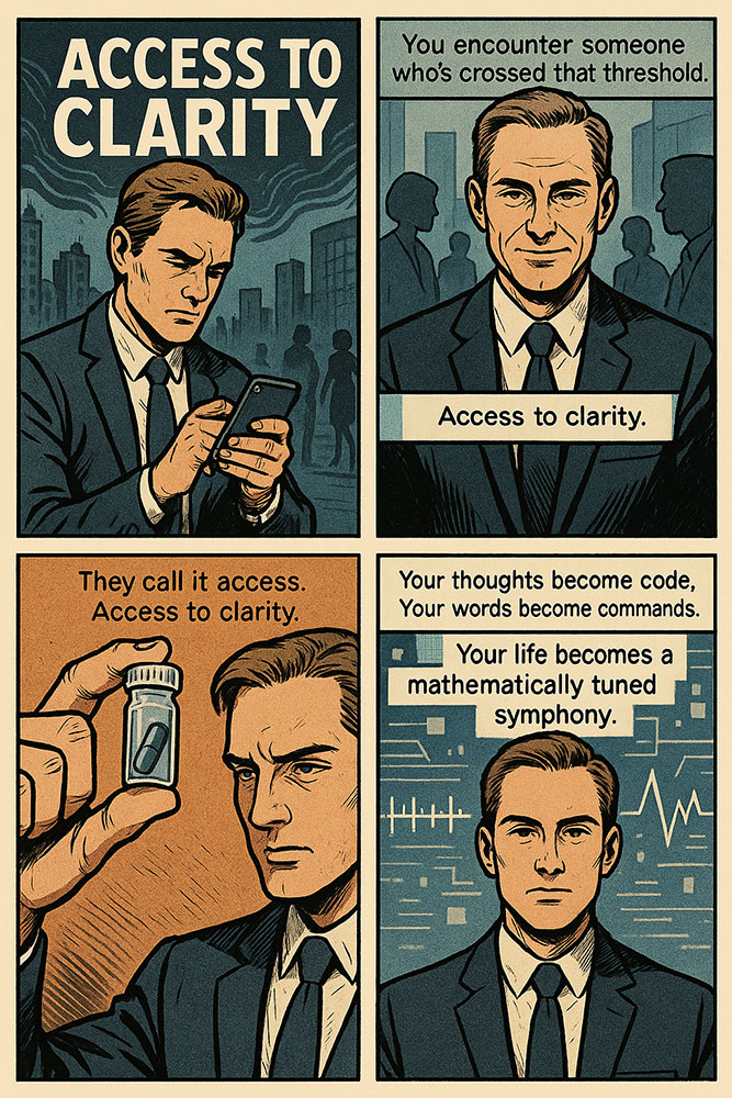 Comic-style illustration depicting the transformation of a man gaining mental clarity and accelerated cognition.