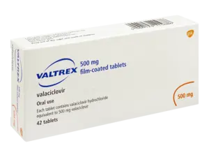 Valtrex online 500 mg valacyclovir tablets box for oral antiviral treatment.