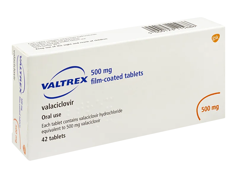Valtrex online 500 mg valacyclovir tablets box for oral antiviral treatment.