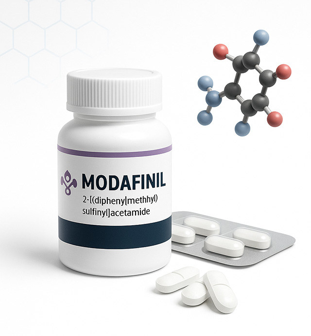 Modafinil bottle with tablets and molecular structure