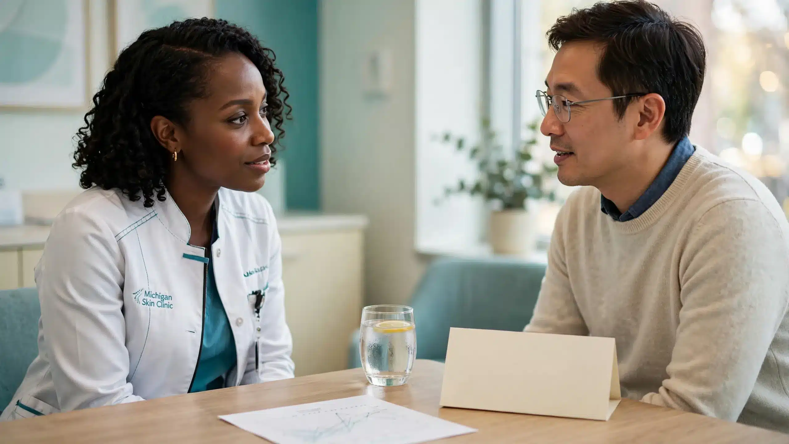 Patient discussing alcohol use during Accutane treatment with a clinician