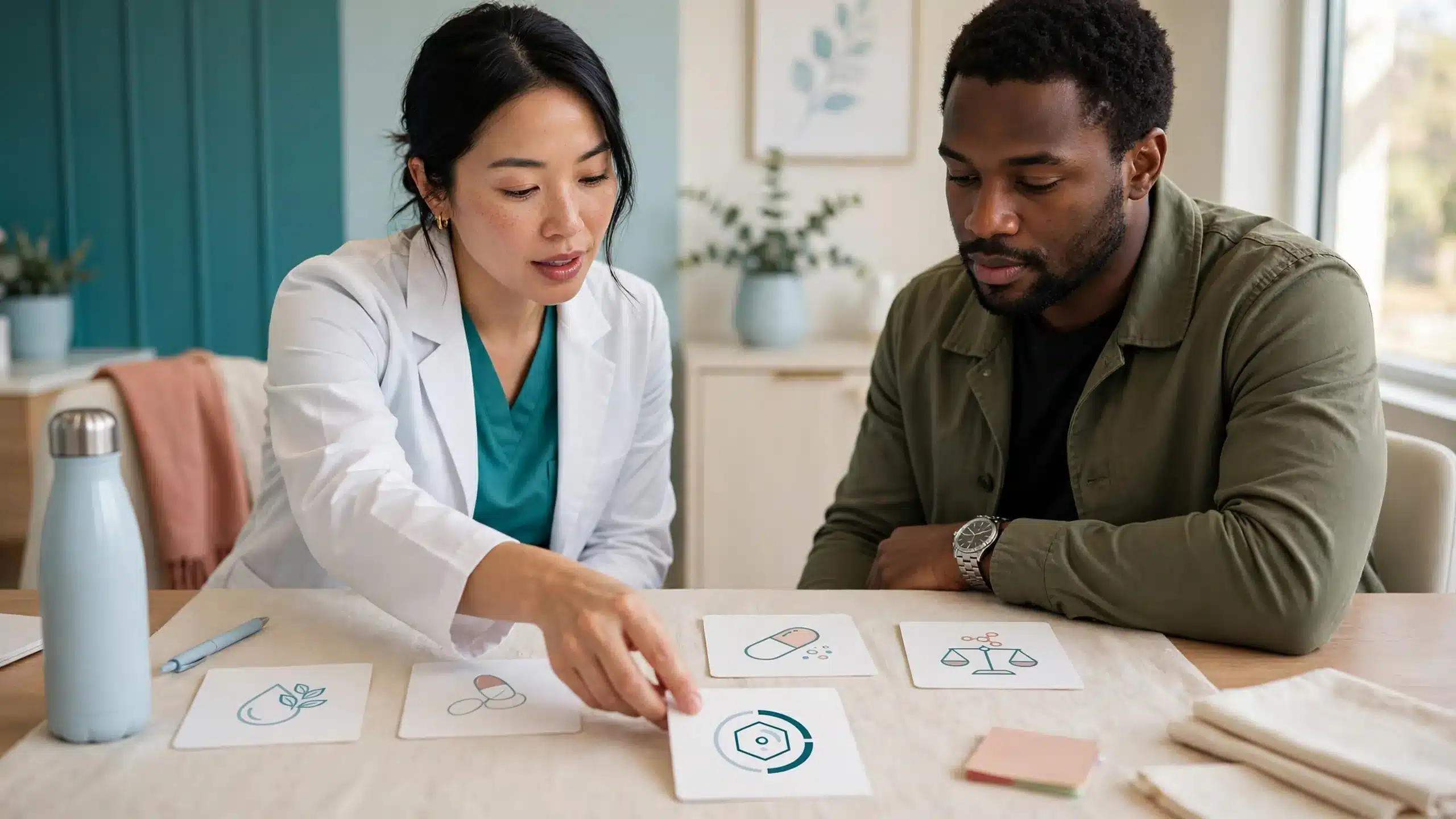 Dermatologist comparing acne treatment alternatives with a patient