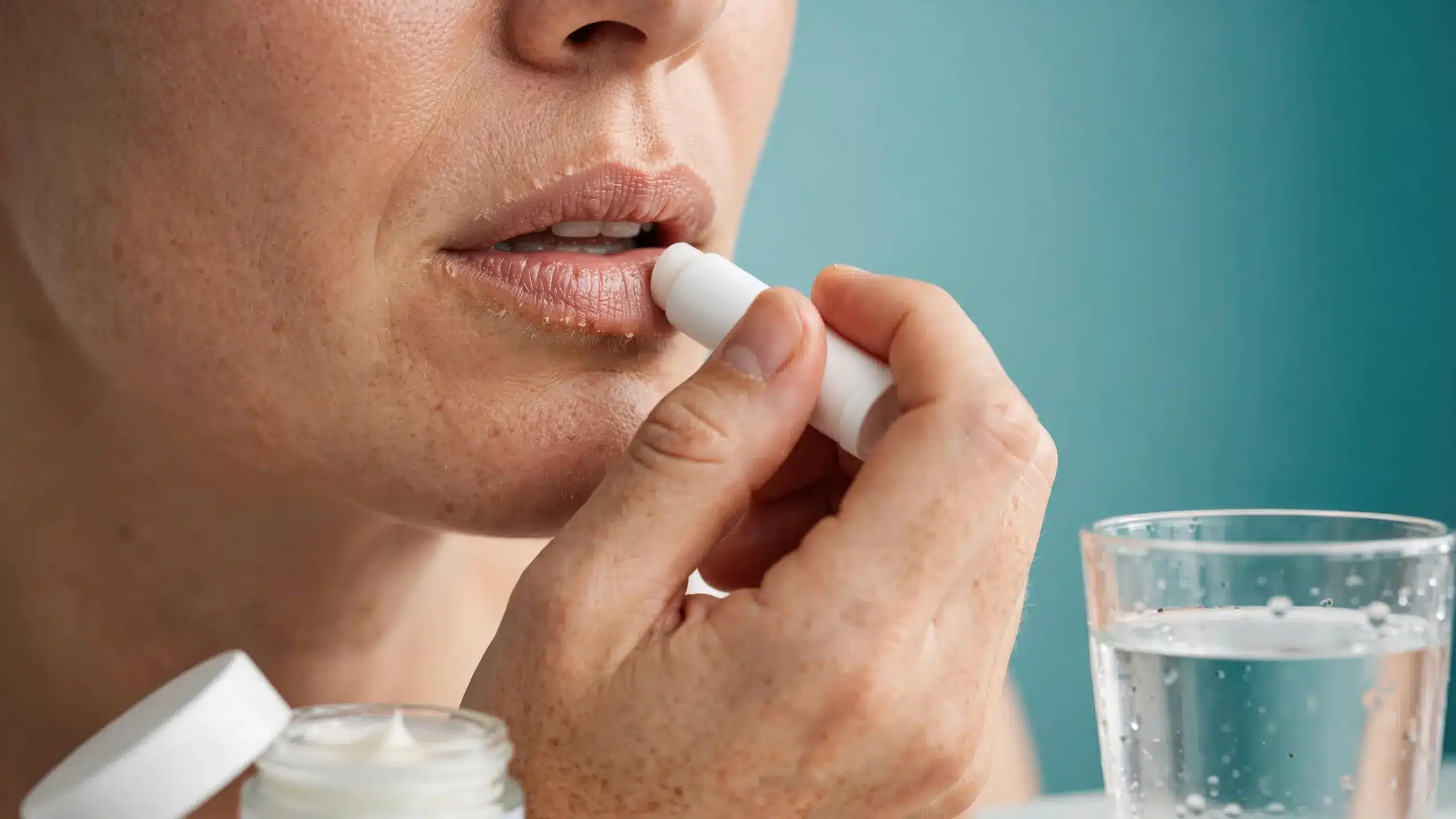 Patient applying fragrance-free lip balm for Accutane-related dryness