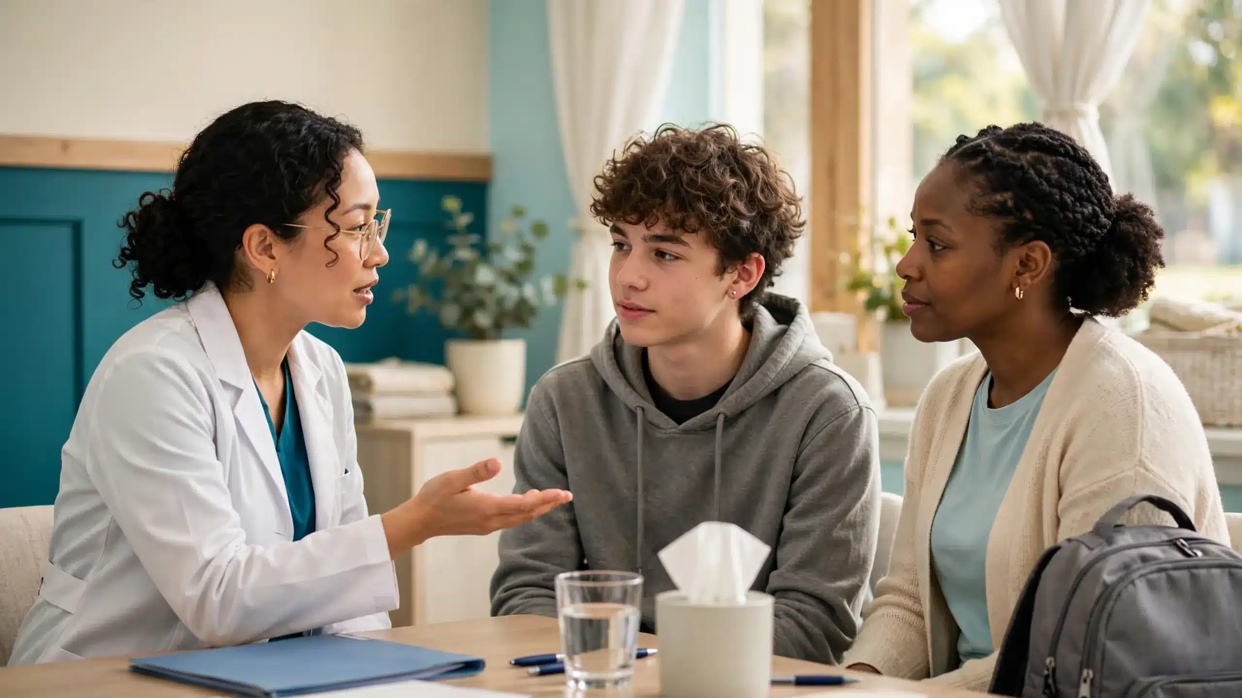 Teenager and parent discussing Accutane treatment with a dermatologist