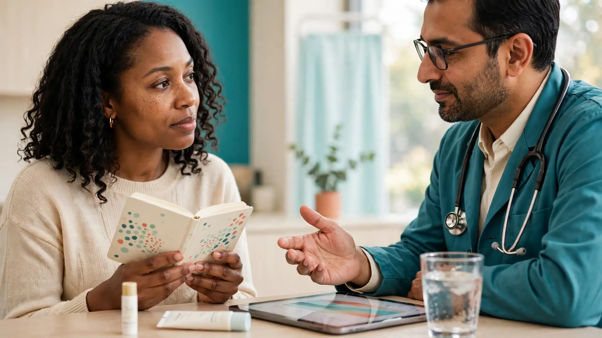 Patient and dermatologist discussing Accutane side-effect monitoring