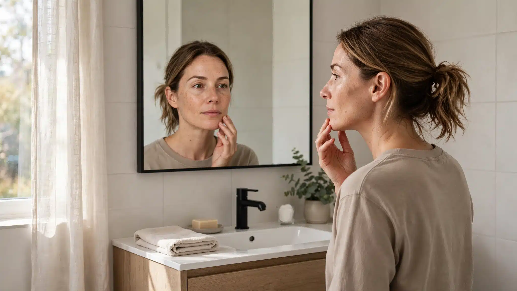 Person checking their skin in a bathroom mirror