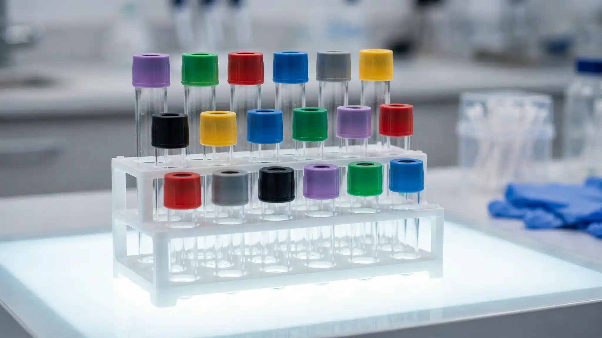 Blood collection tubes arranged on a light table