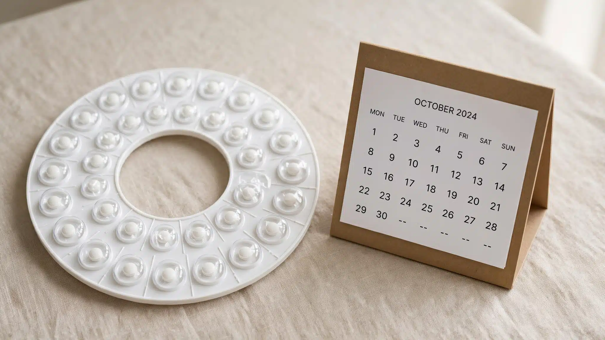 Circular blister pack next to a calendar