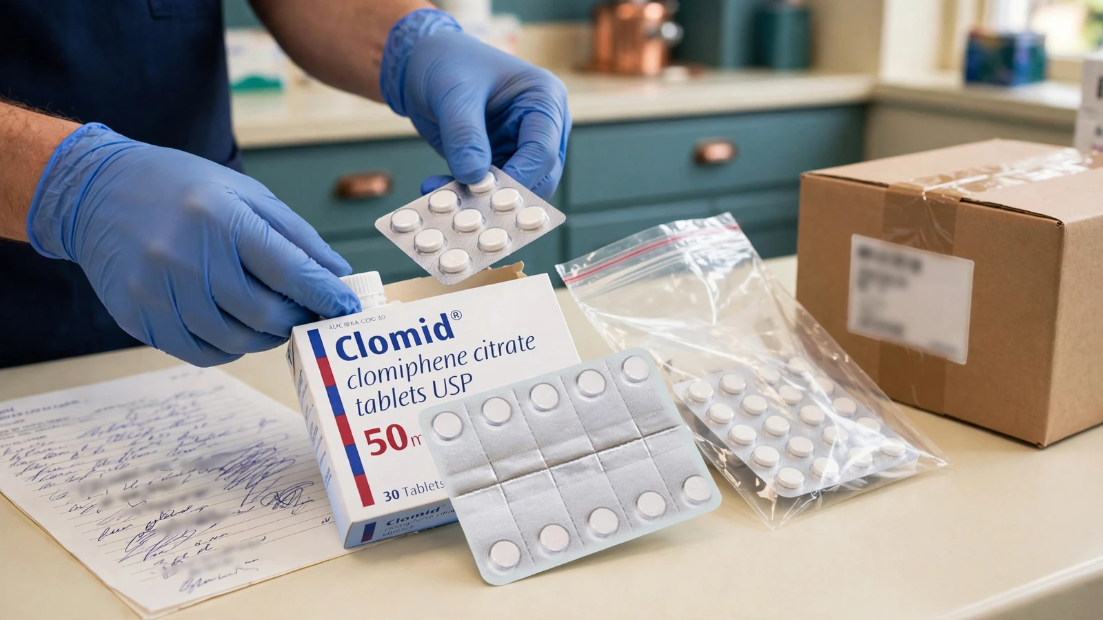 Clomid clomiphene package at a pharmacy dispensing station with prescription and product verification records