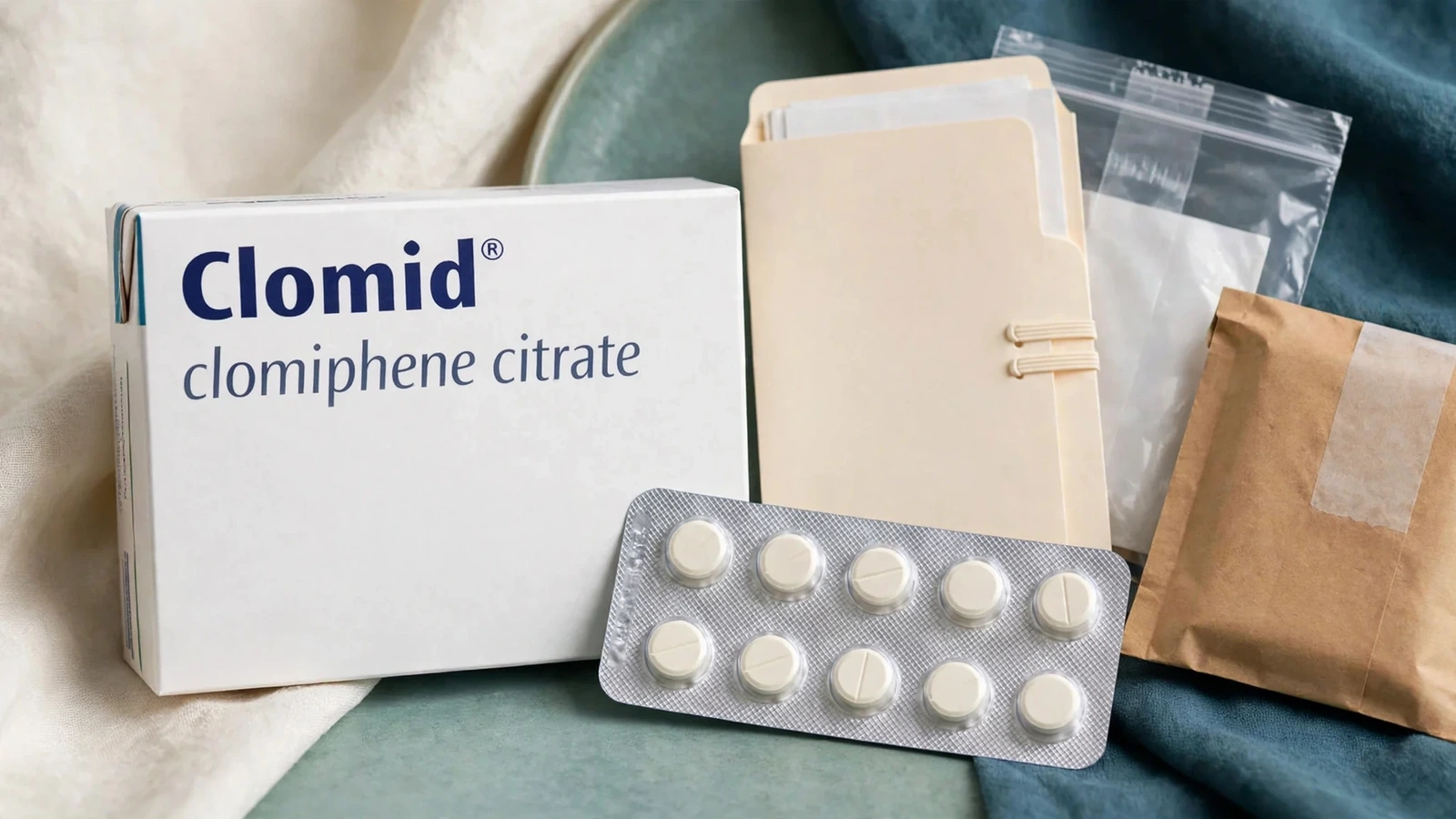 Clomid clomiphene package beside prescription and patient assessment documents for online pharmacy dispensing