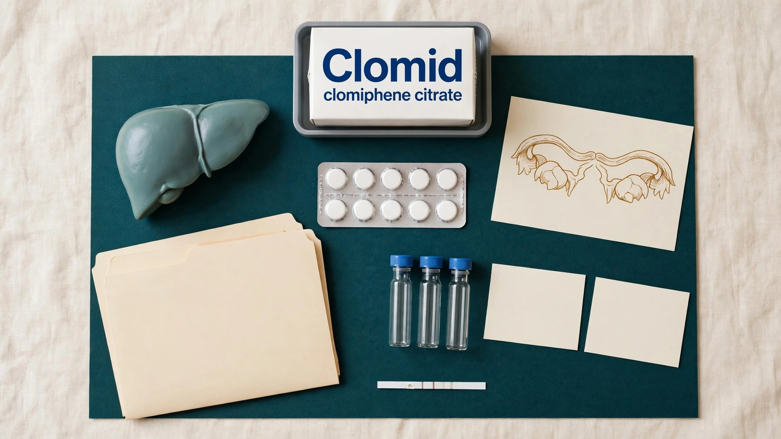Unopened Clomid package with pregnancy, liver, ovarian, bleeding, vision, and endocrine screening records