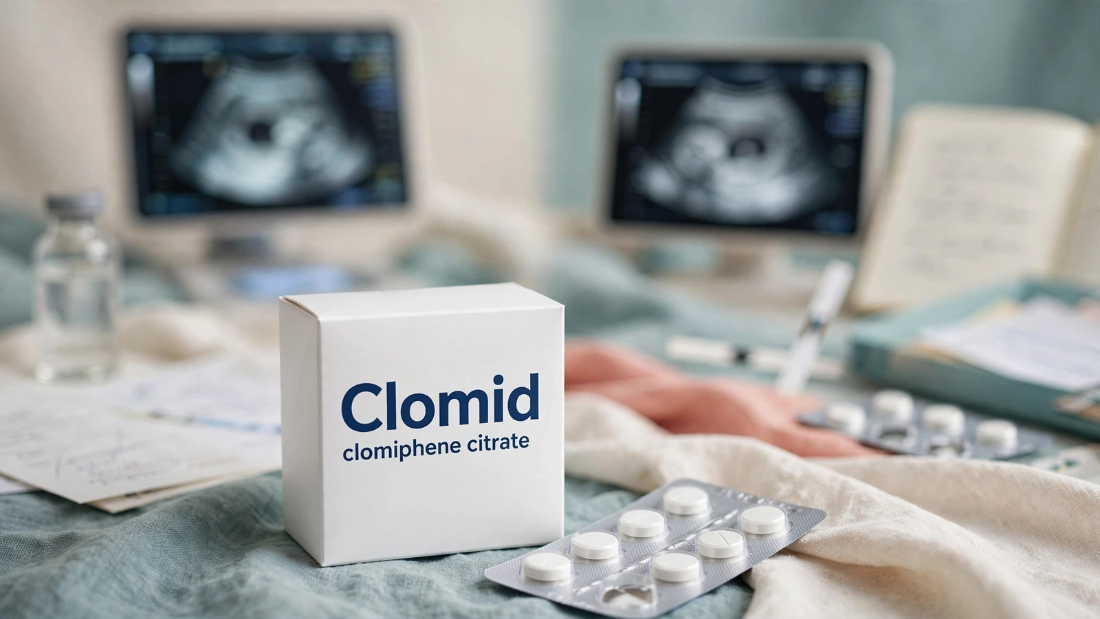 Clomid cycle baseline and follow-up records with ultrasound, laboratory results, symptoms, and remaining medication