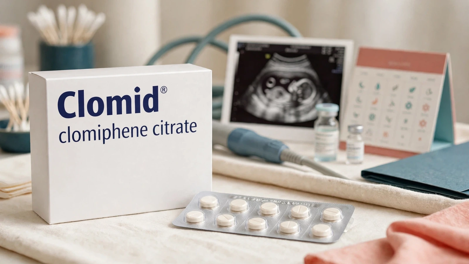 Clomid clomiphene package with cycle chart, ultrasound image, laboratory sample, and symptom record