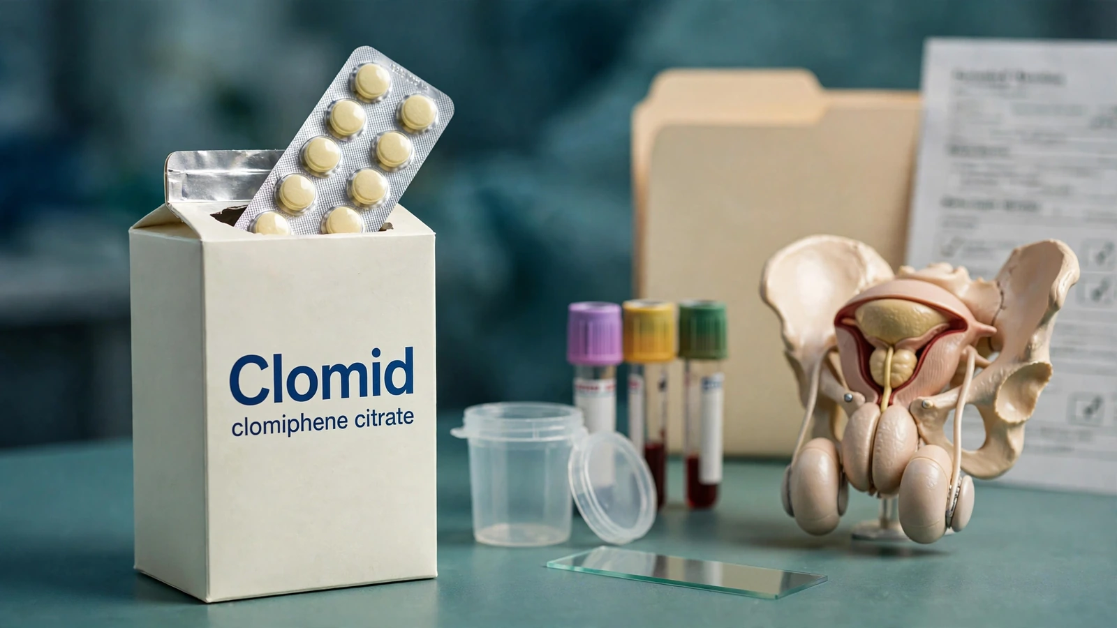 Clomid clomiphene package with male fertility, hormone testing, and diagnostic assessment materials