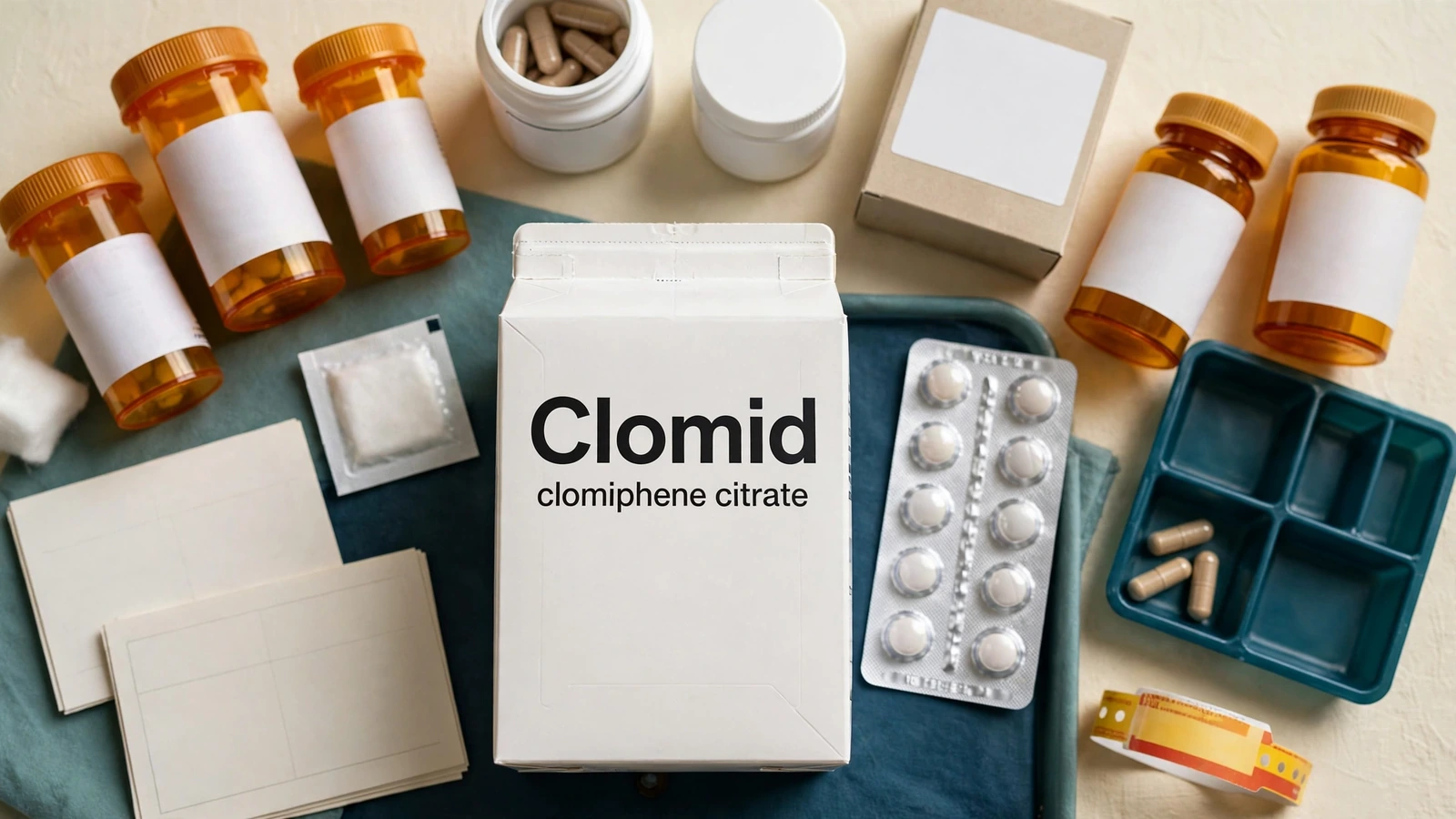Clomid clomiphene package beside prescription medicines, nonprescription products, supplements, and allergy records