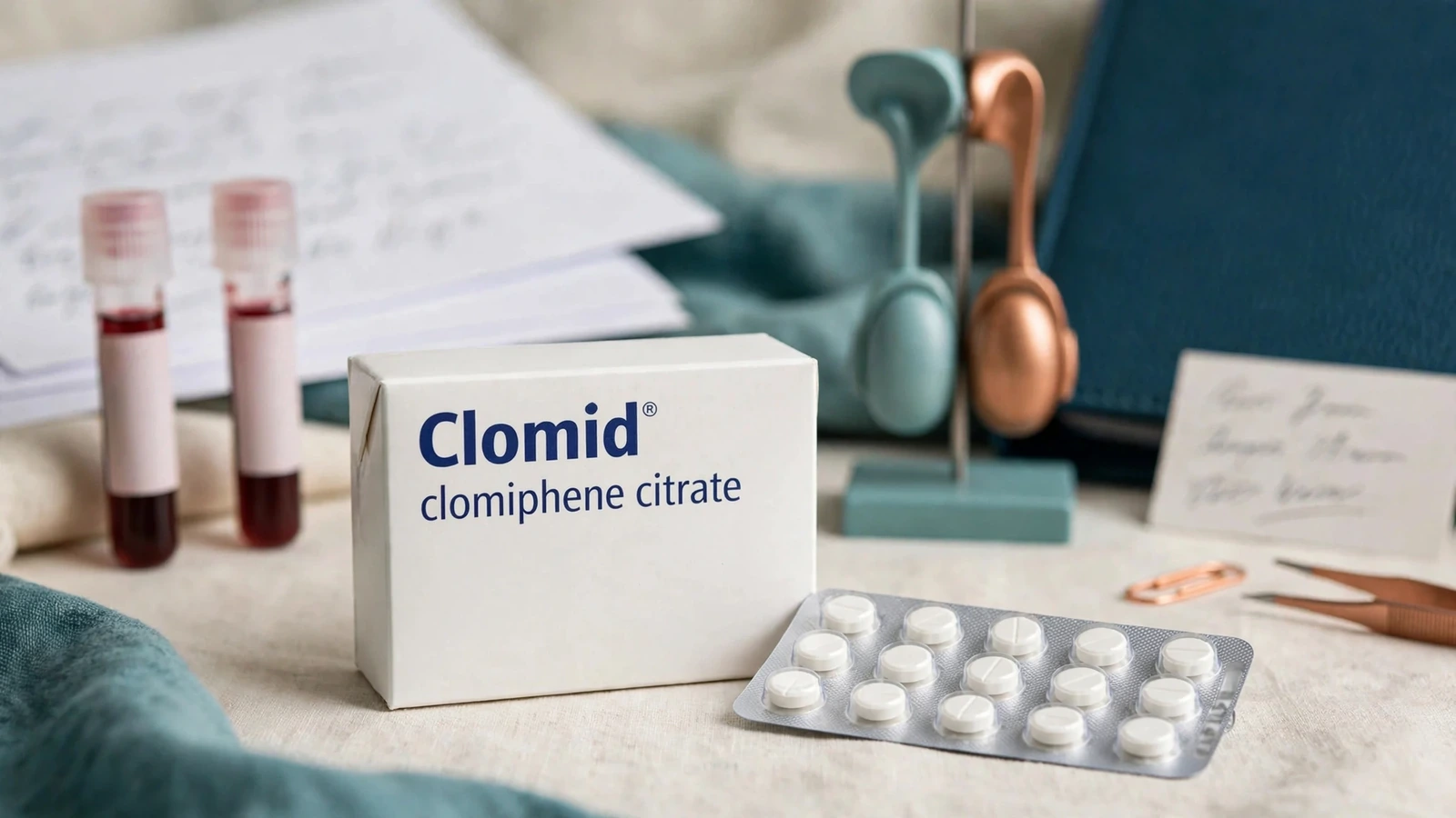 Clomid clomiphene package with timed hormone samples, symptom history, medicine history, and endocrine assessment