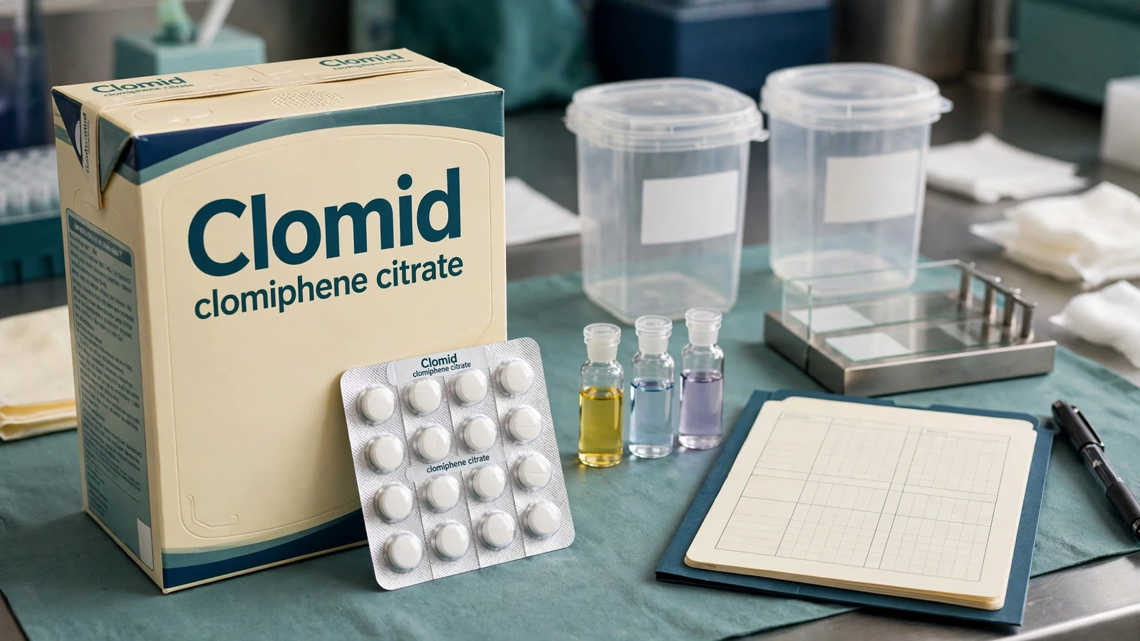 Male fertility monitoring with Clomid blister, semen analysis, hormone results, symptoms, and follow-up records
