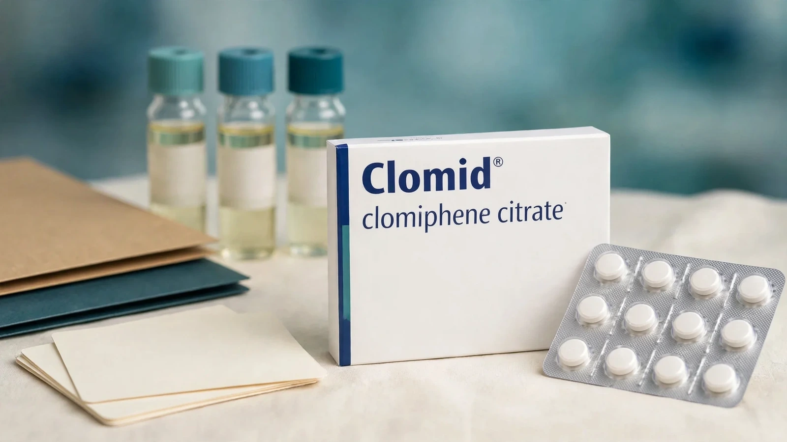 Clomid clomiphene package with male infertility hormone, semen, anatomy, and medical history assessment materials