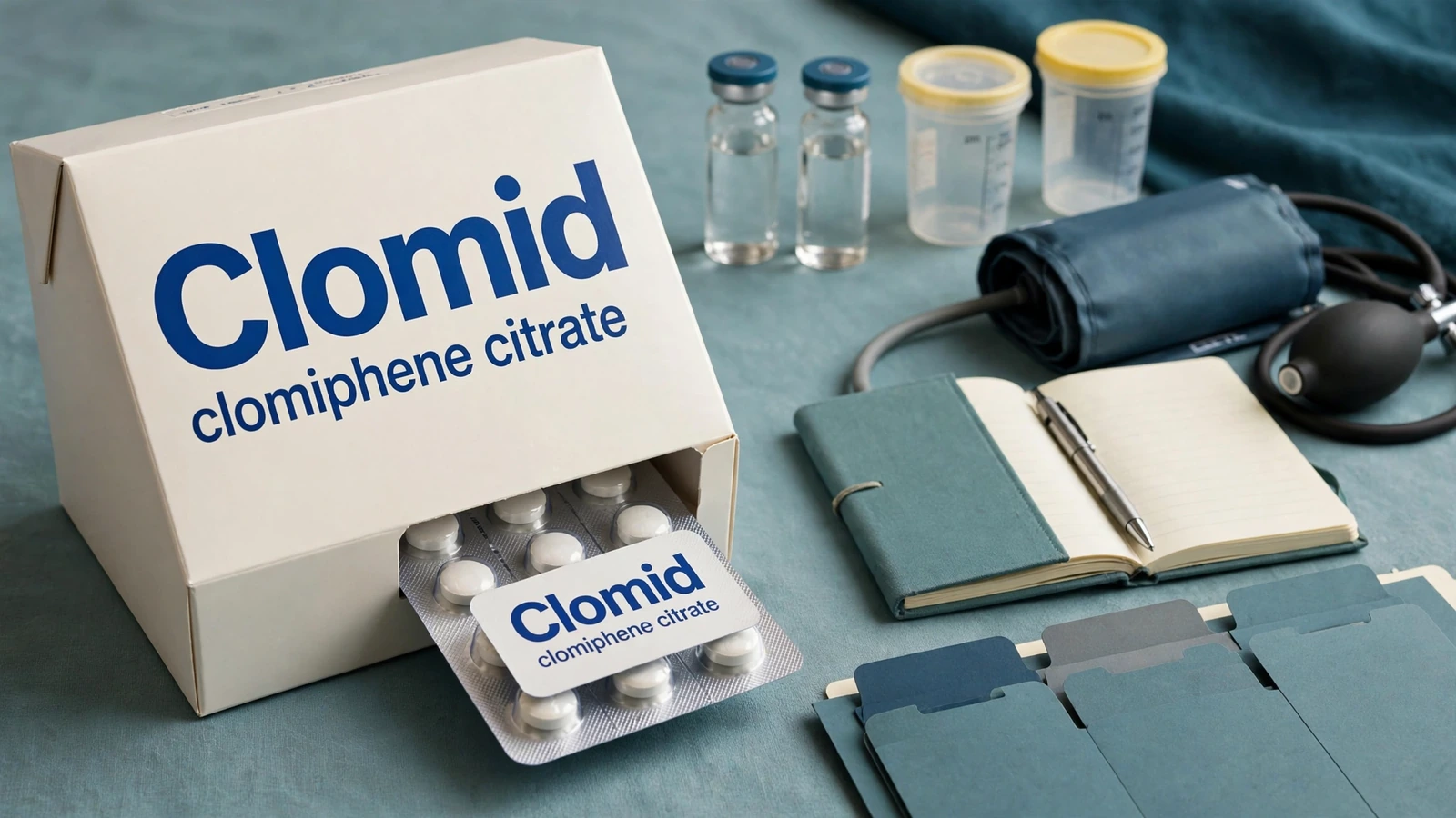 Clomid clomiphene package with serial hormone samples, semen analyses, symptom diary, and follow-up record