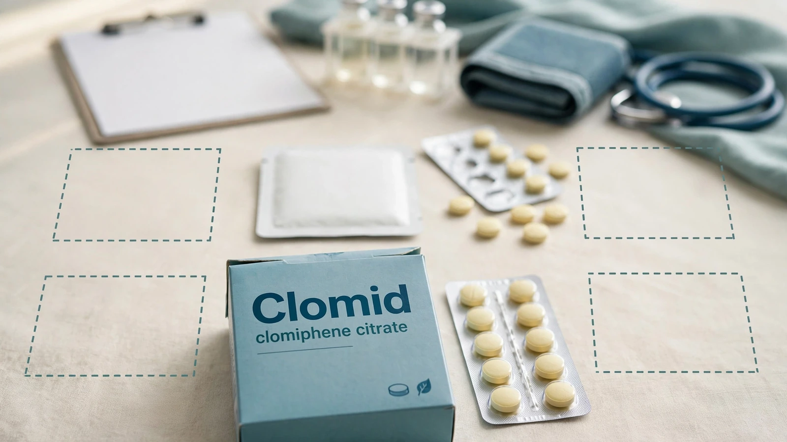 Anonymous Clomid clomiphene package surrounded by missing health history, medication, and laboratory screening records