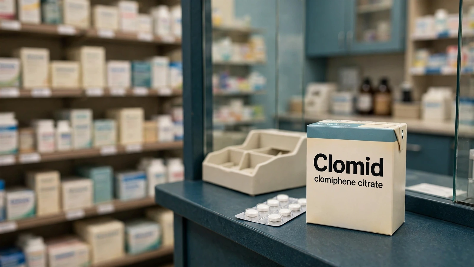Over-the-counter shelf products contrasted with Clomid clomiphene behind a pharmacy dispensing counter
