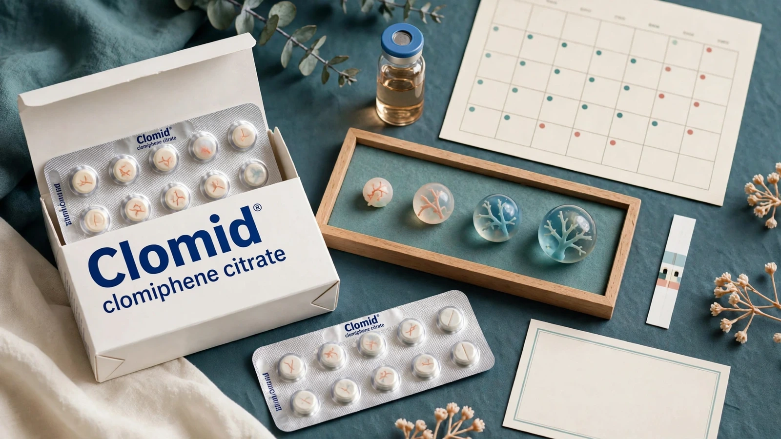 Clomid ovulation assessment sequence with cycle record, laboratory sample, ultrasound image, and follow-up file