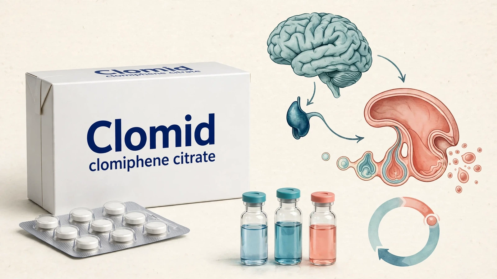 Clomid clomiphene package with ovulation hormone signaling diagram and ovarian assessment materials