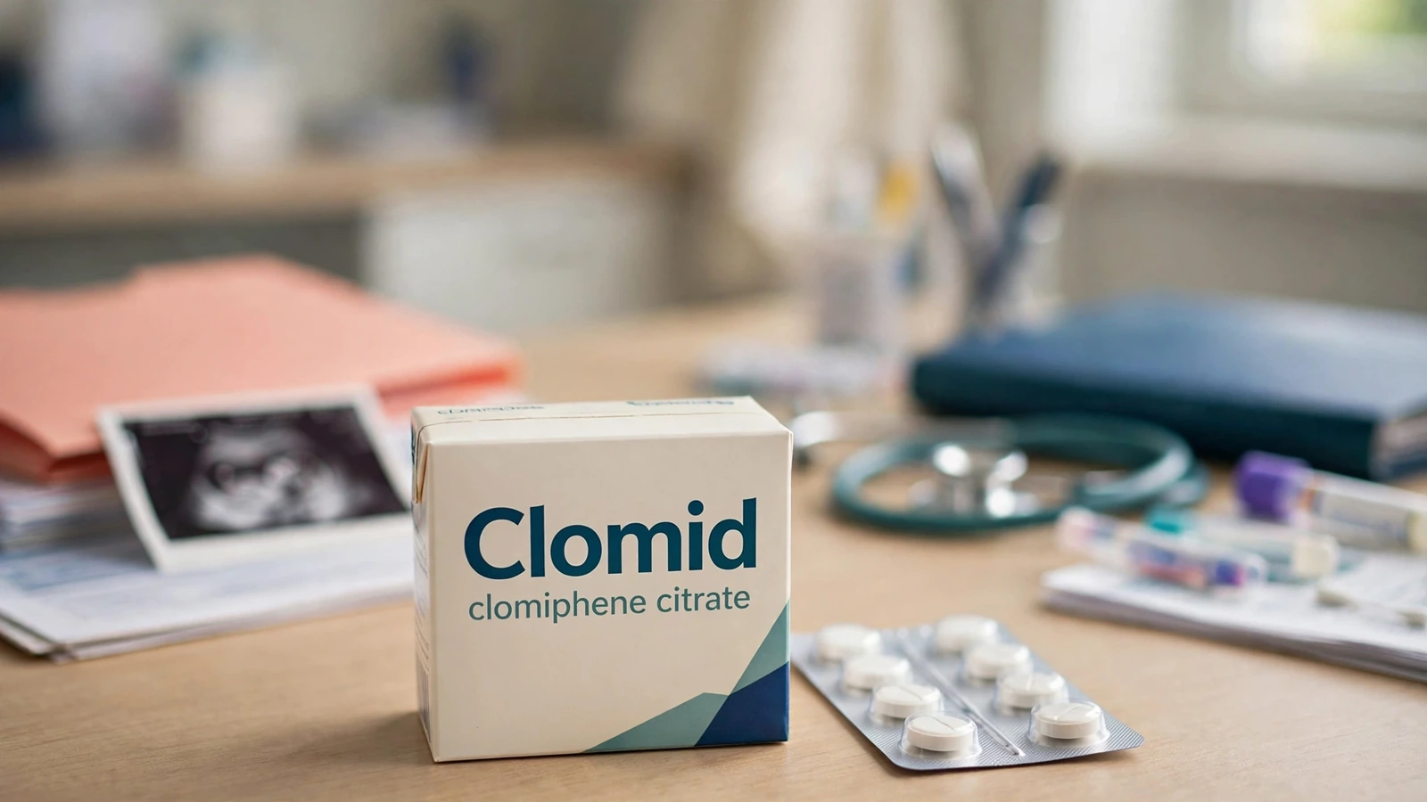 Clomid package beside PCOS hormone records, ovarian assessment, treatment options, and candidacy decision notes