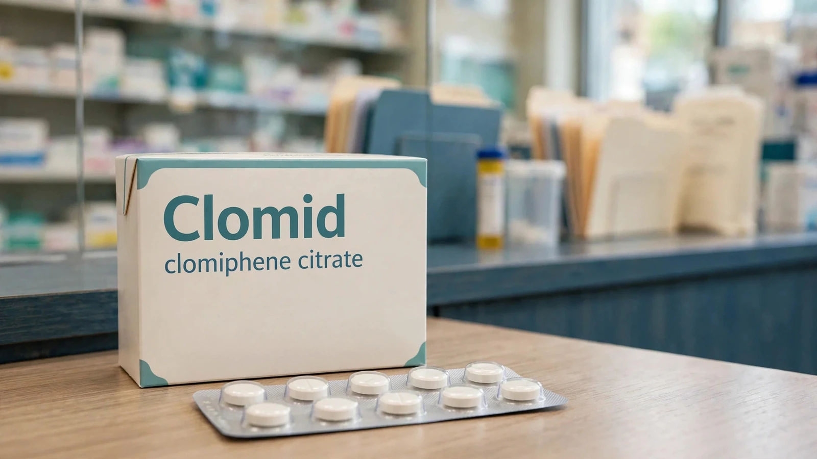 Clomid clomiphene package with clinical assessment and prescription documents before pharmacy dispensing