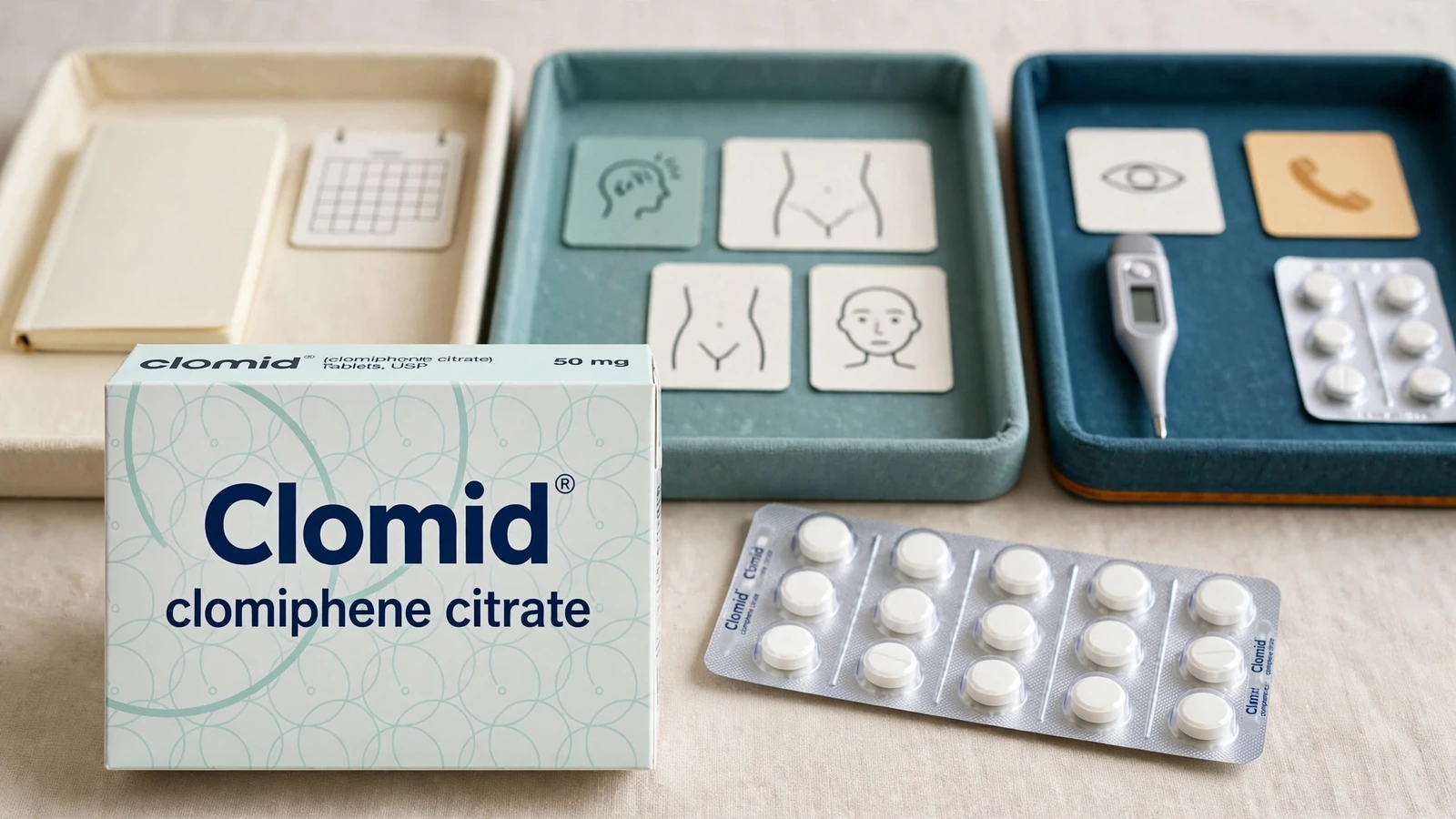 Clomid clomiphene package with routine, concerning, urgent, and emergency symptom records arranged by severity