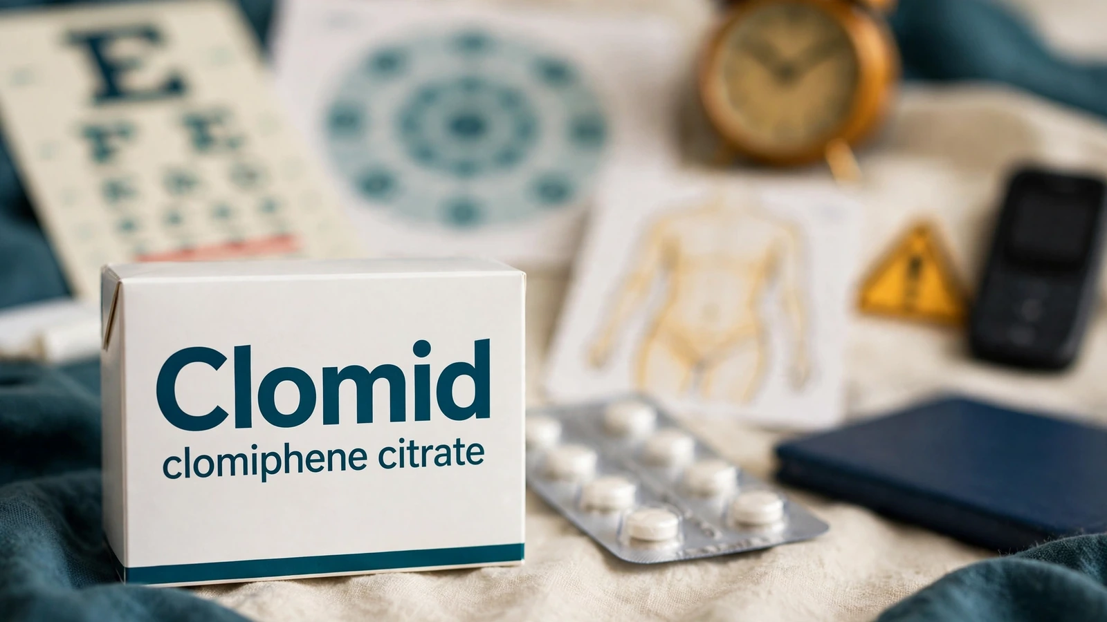 Clomid safety scene with vision card, symptom clock, abdominal notes, clinician phone, and urgent assessment file