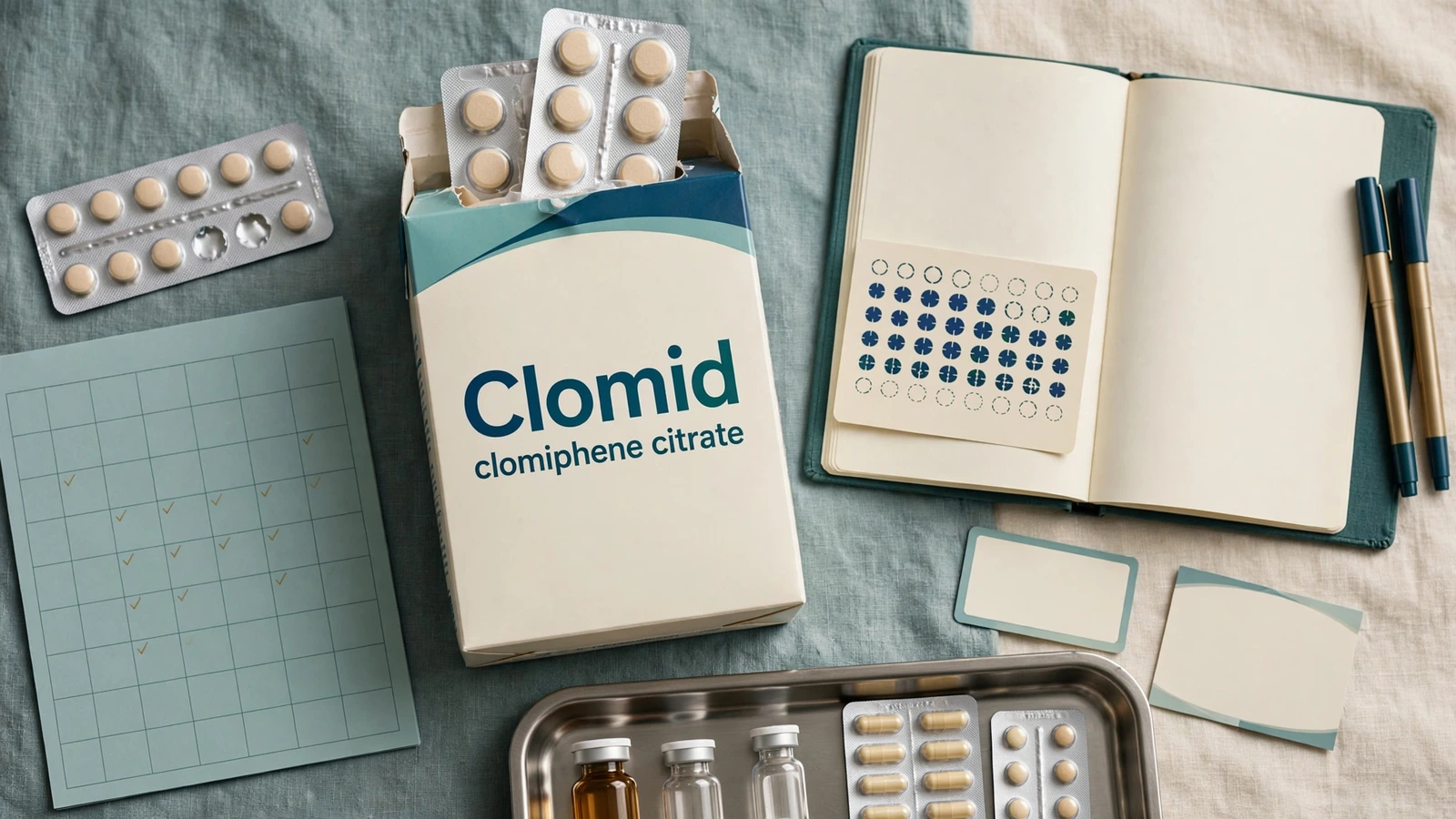 Clomid clomiphene package with prescription label, interaction checklist, contraindication screen, and symptom record