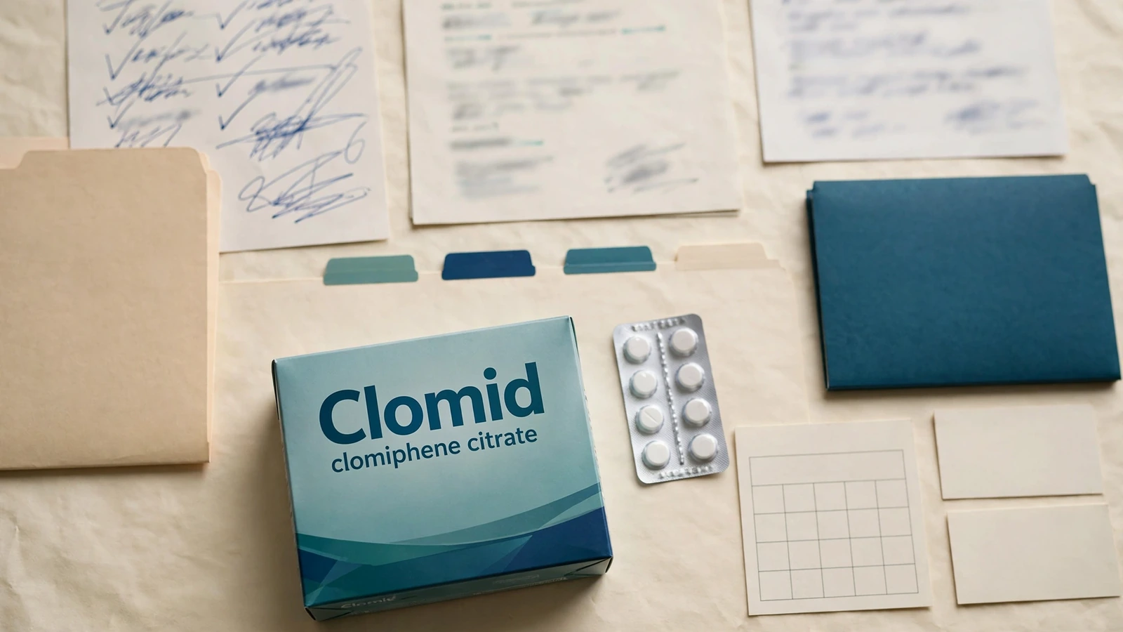 Clomid treatment decision desk with medicine list, monitoring results, adverse-effect notes, and reassessment file