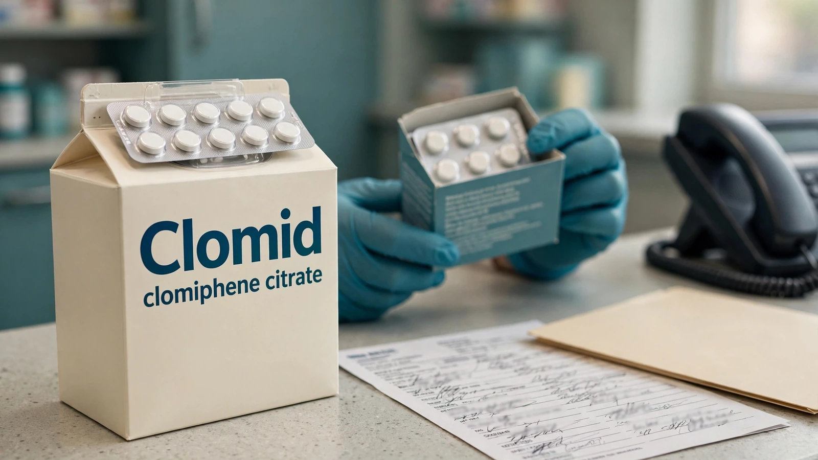 Pharmacist comparing a Clomid prescription with generic clomiphene product and substitution records