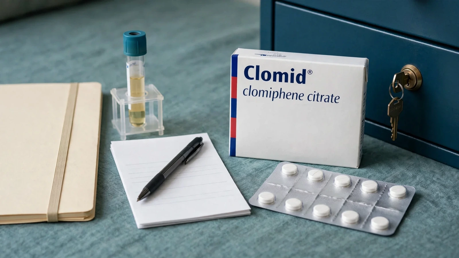 Clomid clomiphene package shown along the prescription path from patient screening to pharmacy dispensing