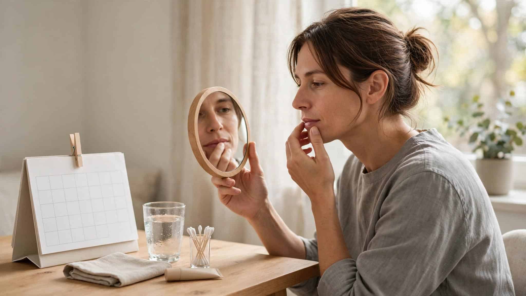 Woman examining a possible cold sore on her lip in a mirror