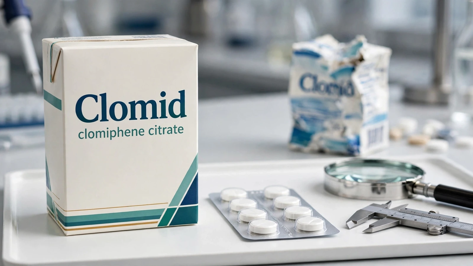 Two Clomid clomiphene packages compared for seal damage, altered labels, and other tampering warning signs