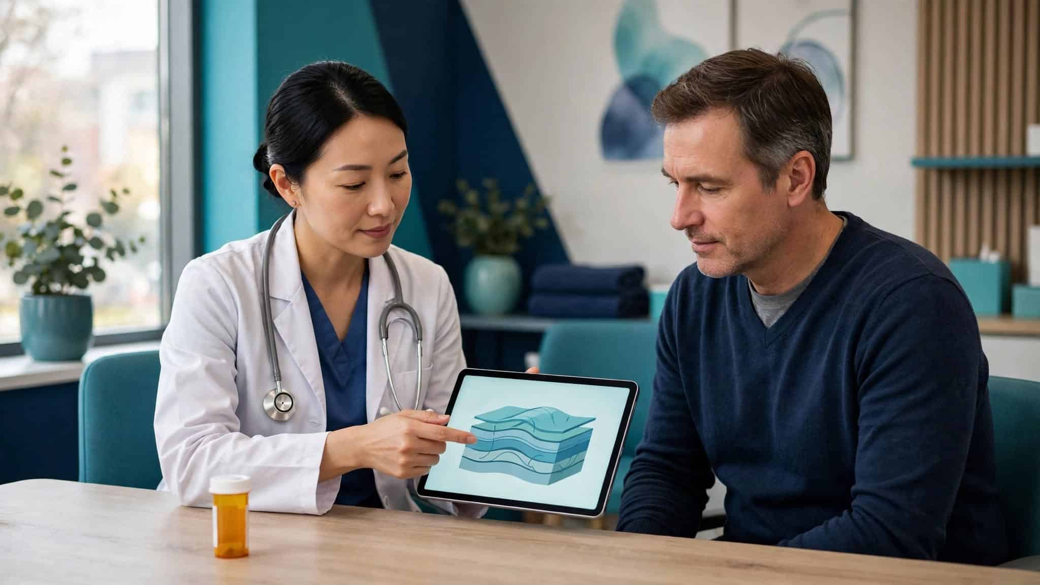 Clinician showing a skin diagram to an adult patient during a medication consultation