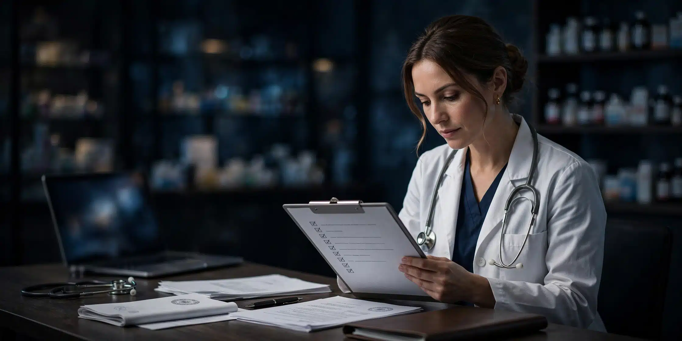 Clinician reviewing sleep history and medicines before a modafinil prescription decision
