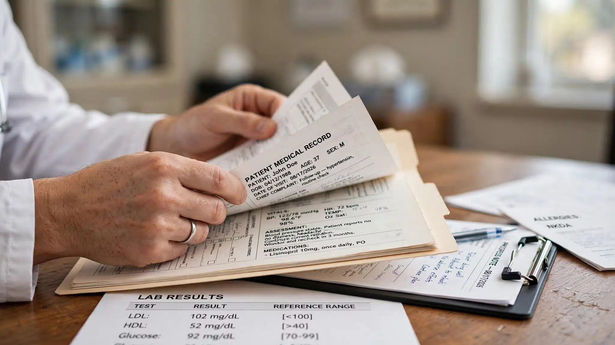 Clinician's hands writing on a medical chart