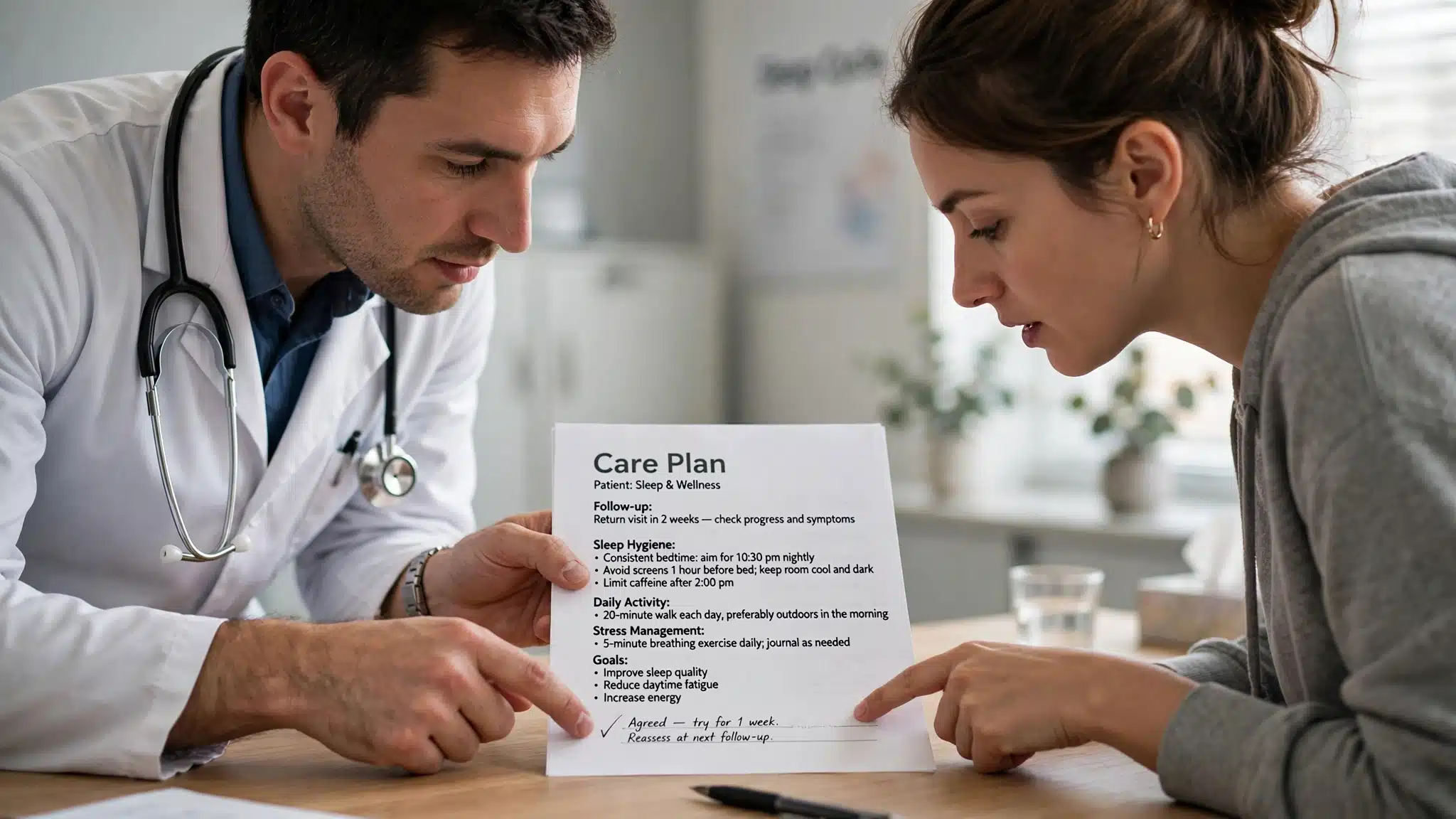 Dermatologist and patient reviewing a treatment plan together