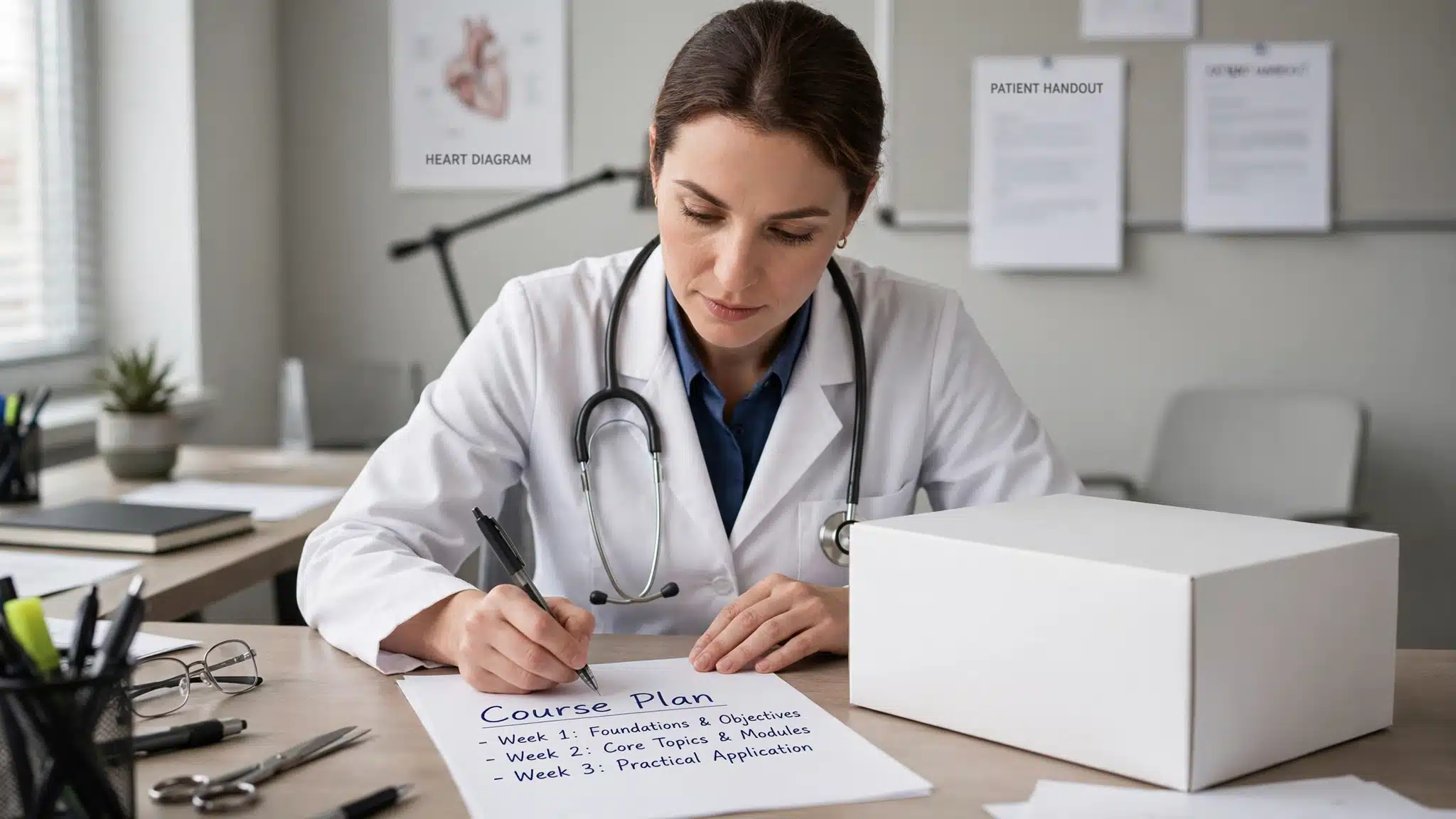 Clinician writing a treatment course plan at a desk