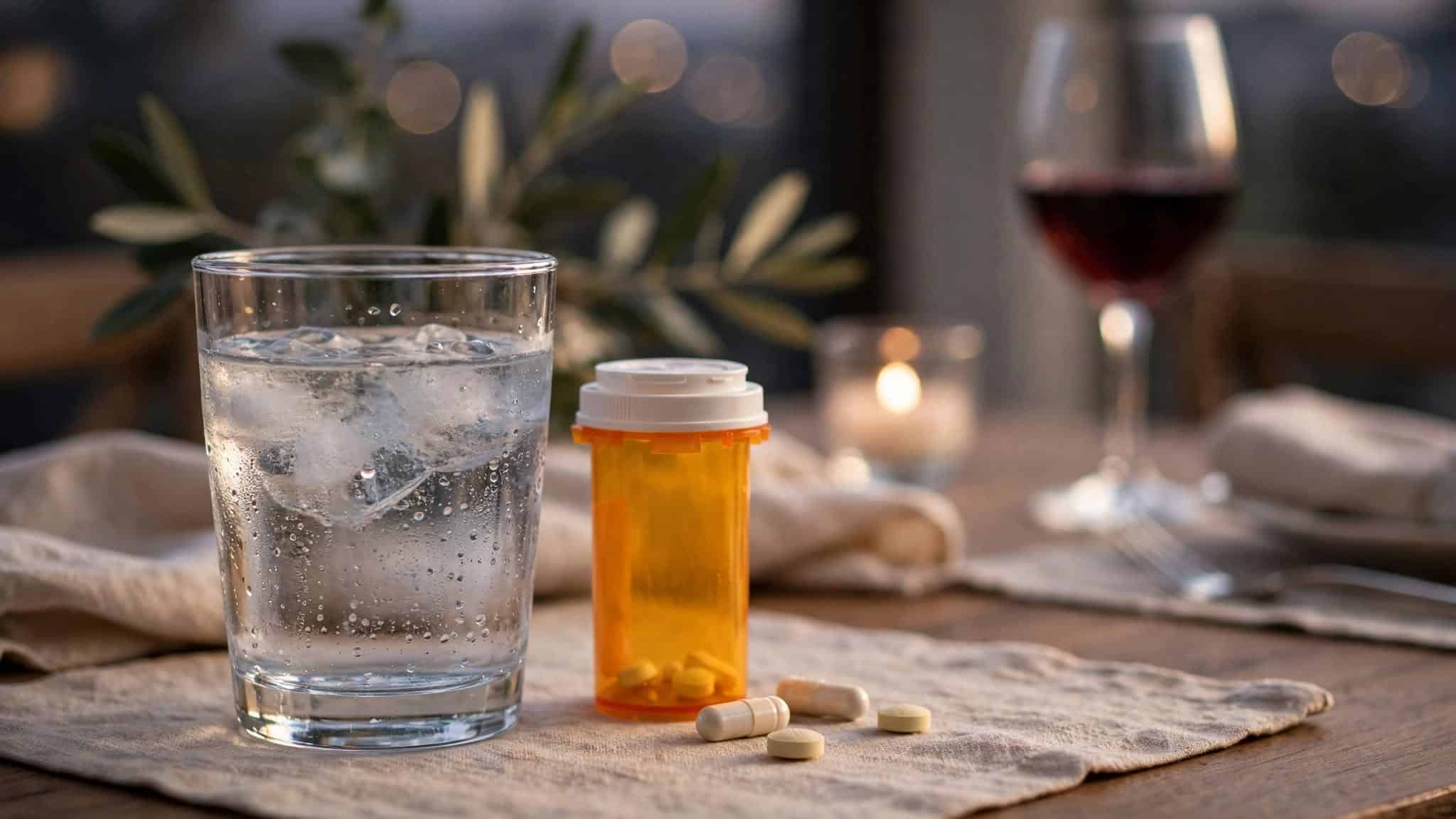 Water beside an unbranded prescription container with wine set farther away