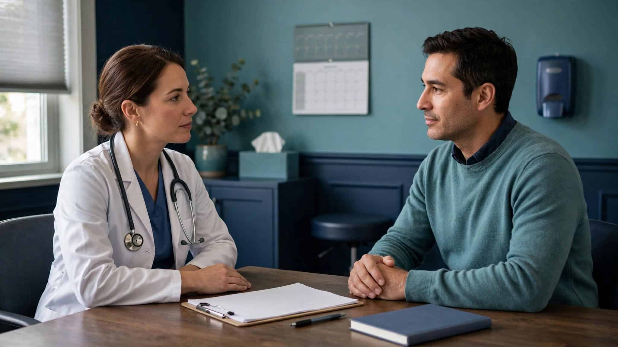 Clinician discussing genital herpes treatment options with a patient