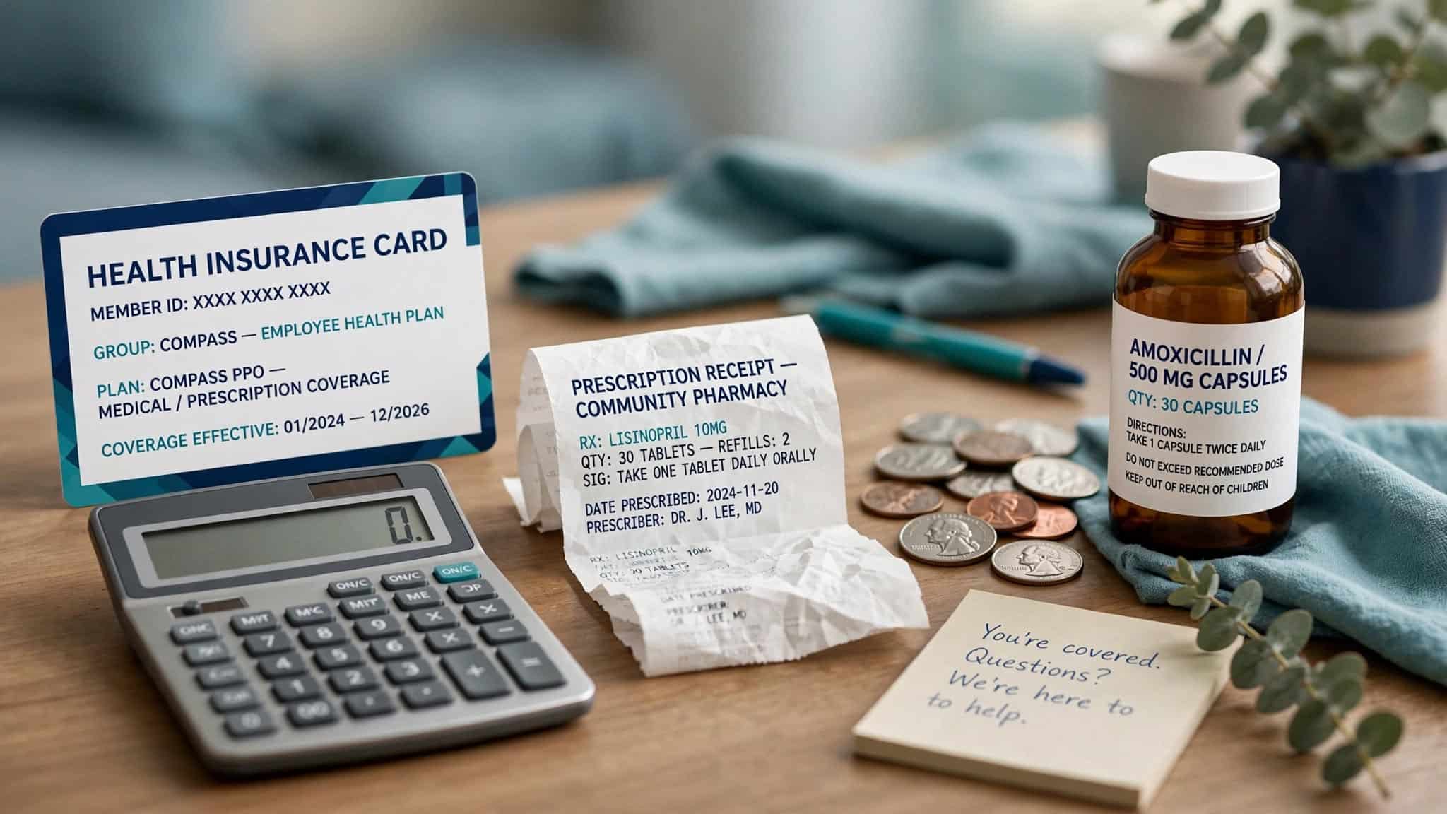 Insurance card, calculator and receipt illustrating Valtrex costs