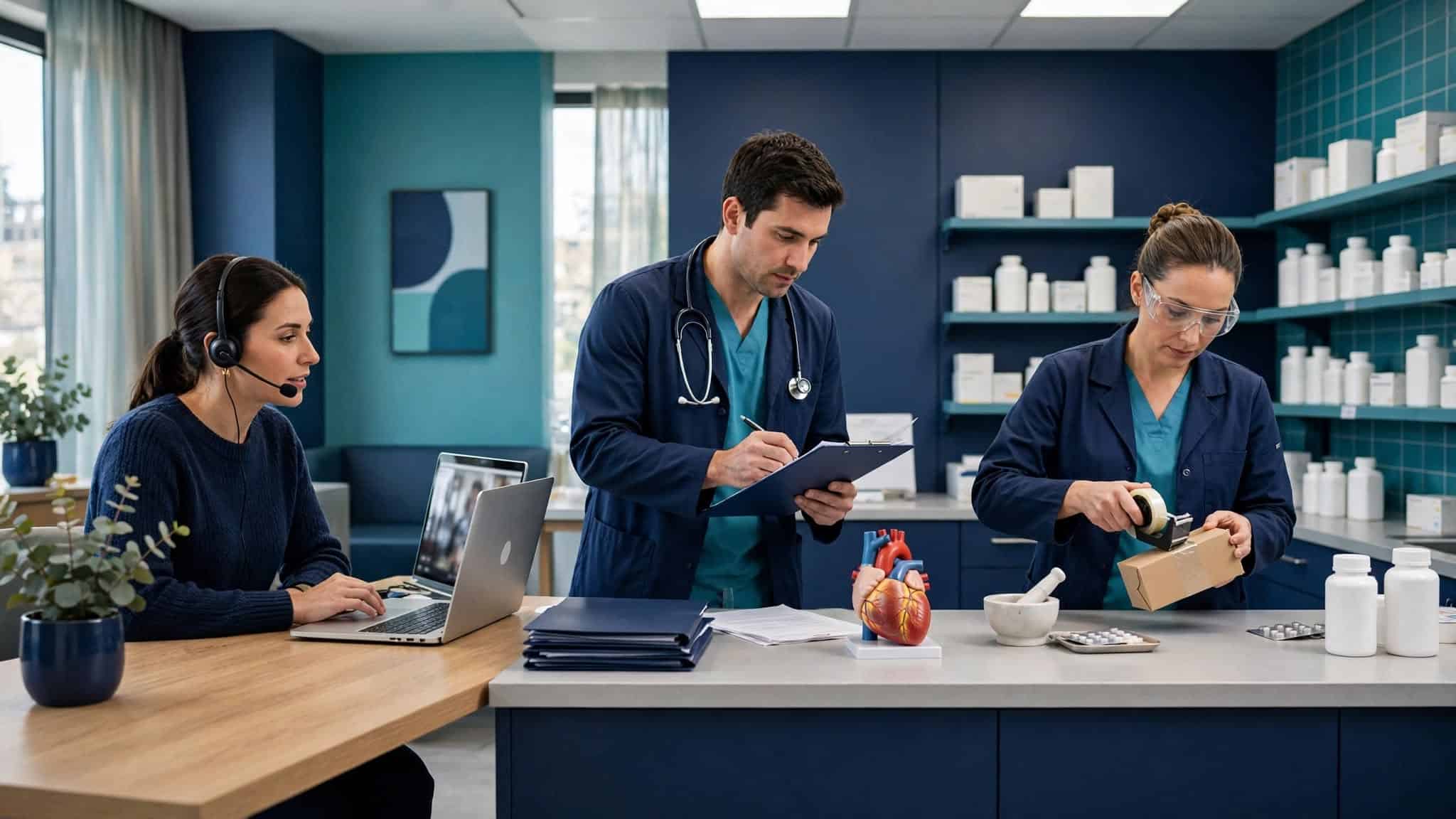 Healthcare staff coordinating records and packaging an unlabeled medicine parcel in a clinic workspace