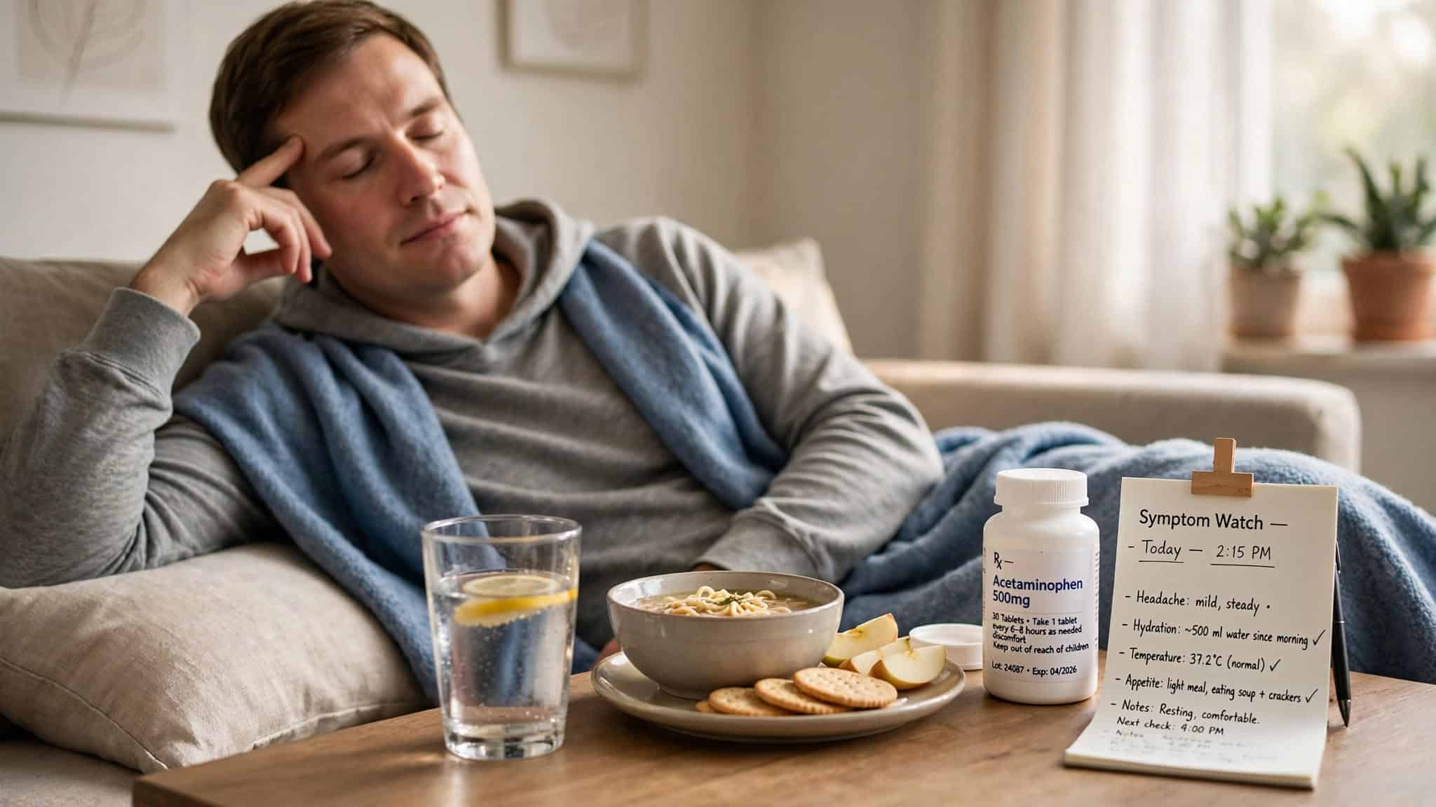 Patient resting with water while monitoring headache and nausea during Valtrex treatment