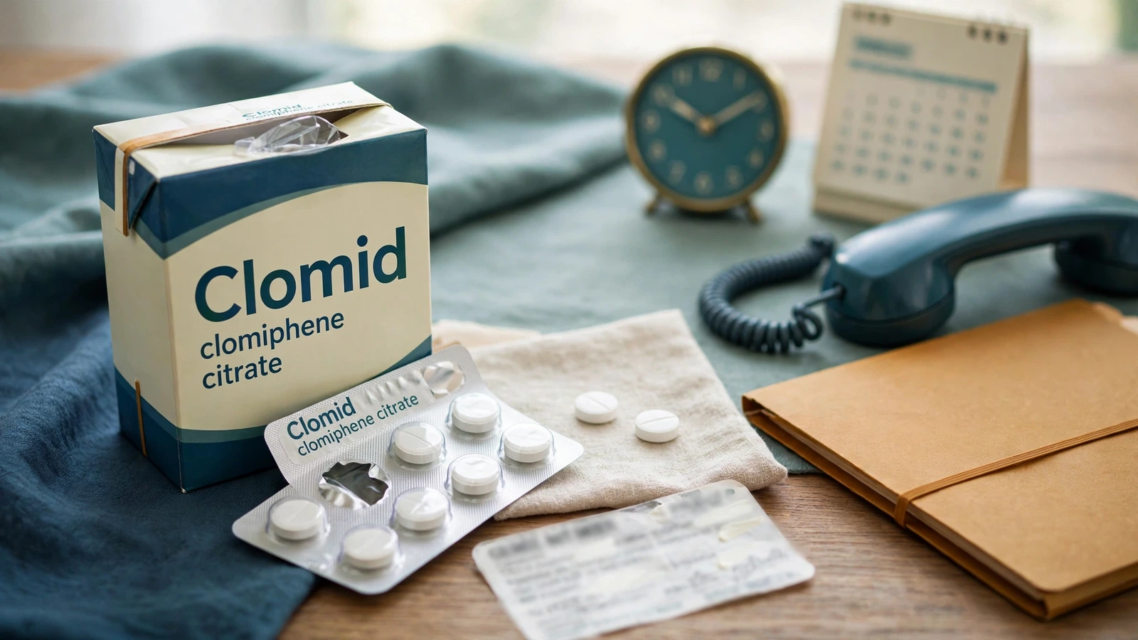 Clomid missed-dose clarification materials with blister, prescription label, clock, calendar, phone, and decision file