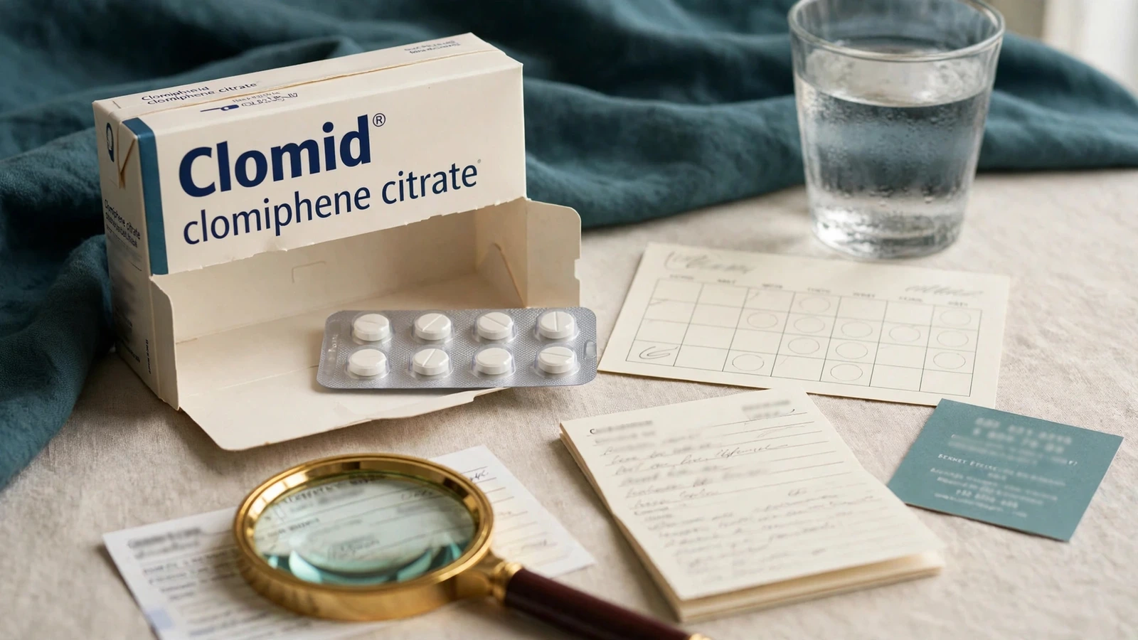 Clomid clomiphene package with patient-specific prescription label, calendar, medicine list, and pharmacist contact